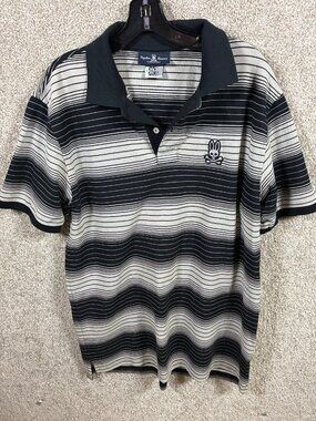 Psycho Bunny Mens Size 7 Polo Shirt Black Gray Stripe Pima Cotton Skull Logo
